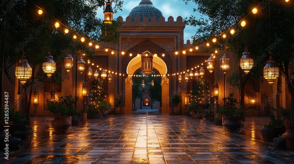 Fototapeta premium A mosque lit with lanterns, the call to prayer echoing through the air as people gather for Taraweeh prayers