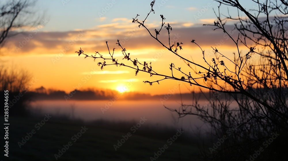 Stunning Sunrise Over Misty Landscape with Silhouetted Branches and Soft colors : Generative AI Stunning Sunrise Over Misty Landscape with Silhouetted Branches and Soft colors : Generative AI
