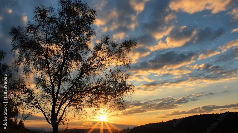 Majestic Sunset Behind a Leafless Tree Surrounded by Colorful Clouds in a Vivid Sky : Generative AI Majestic Sunset Behind a Leafless Tree Surrounded by Colorful Clouds in a Vivid Sky : Generative AI
