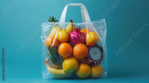 fruits inside transparent plastic bag on a blue background. Transparent plastic bag with many kinds of fruits inside.