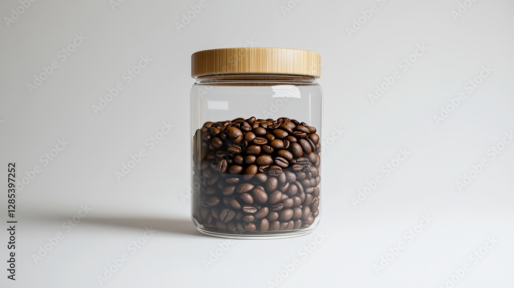 Coffee Beans in Jar: A clear glass jar, sealed with a wooden lid, is filled to the brim with rich, roasted coffee beans, inviting the viewer into the sensory experience of fresh aroma and taste. Coffee Beans in Jar: A clear glass jar, sealed with a wooden lid, is filled to the brim with rich, roasted coffee beans, inviting the viewer into the sensory experience of fresh aroma and taste.