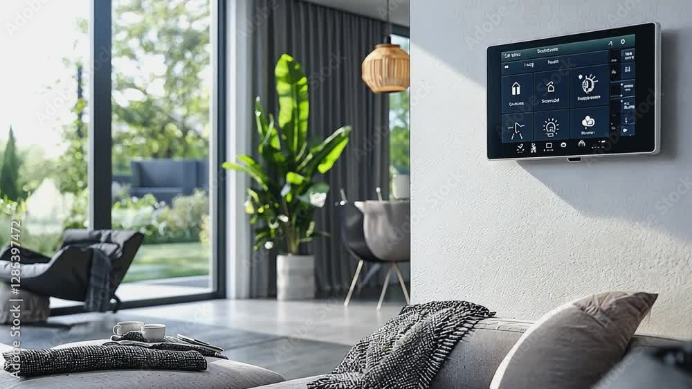 Smart Home Integration: A sleek and modern smart home control panel, mounted on a pristine wall, showcases intuitive interface, hinting at the seamless blend of technology and sophisticated living.