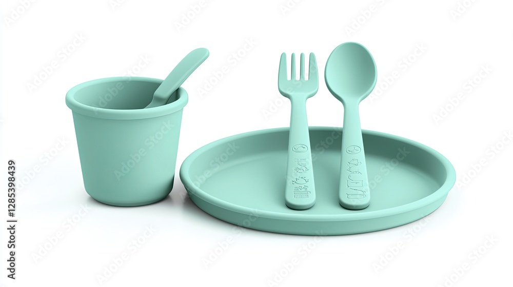 Light green children s dining set on a white background Light green children s dining set on a white background