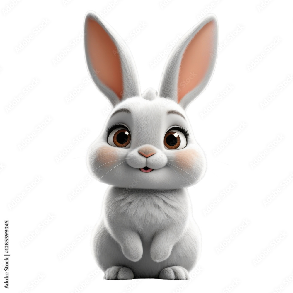 Fototapeta premium Adorable Cartoon Bunny with Big Eyes and Fluffy White Fur Sitting Cutely,cutout