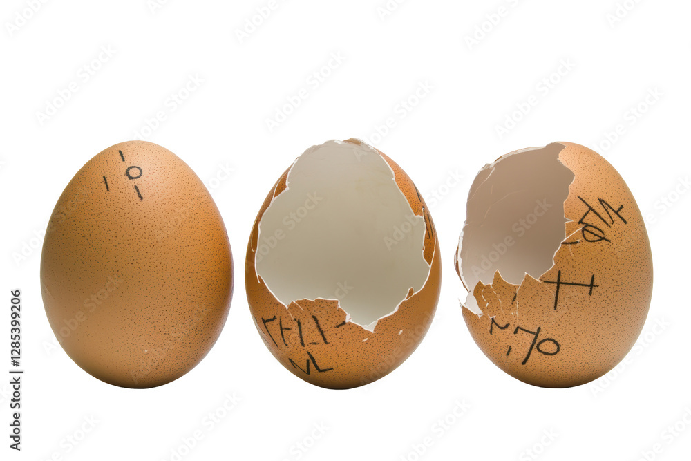 Isolated Arrangement of One Whole and Two Broken Eggs with Markings Isolated Arrangement of One Whole and Two Broken Eggs with Markings