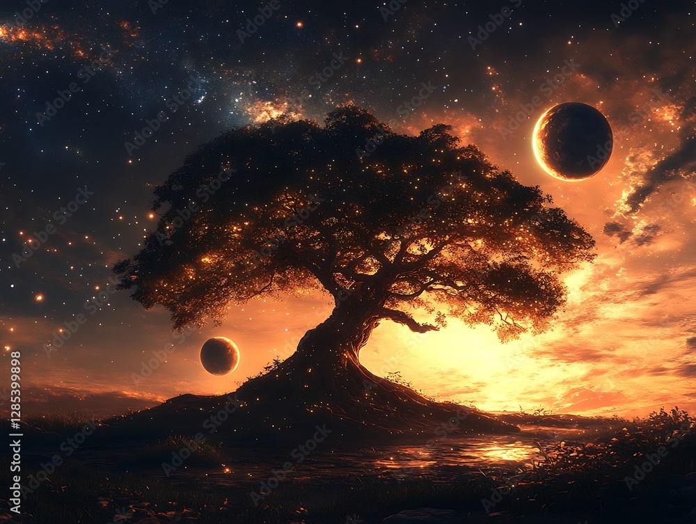 Obraz premium An ancient tree and two planets in a space setting