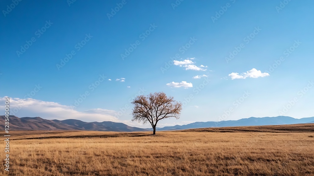Fototapeta premium Isolated Lone Tree Standing Against a Bright Blue Sky in a Wide Open Field : Generative AI