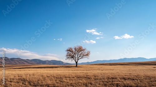 Isolated Lone Tree Standing Against a Bright Blue Sky in a Wide Open Field : Generative AI photo