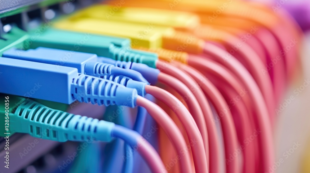 Vibrant Rainbow of Network Cables: A Close-Up View of Colorful Fiber Optic Connections Vibrant Rainbow of Network Cables: A Close-Up View of Colorful Fiber Optic Connections