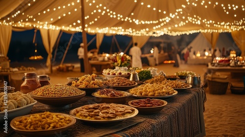 A Ramadan Iftar gathering under a tent in the desert, with traditional foods and drinks served to guests under soft lights