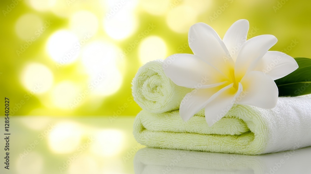 Soft towel and delicate flower create tranquil spa atmosphere on table relaxing Soft towel and delicate flower create tranquil spa atmosphere on table relaxing