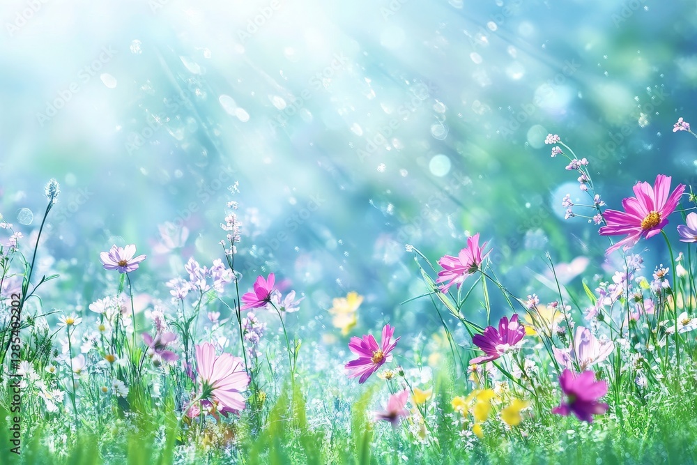 Fototapeta premium Vibrant Wildflowers Bloom in a Sunlit Meadow During the Spring Season, Showcasing a Colorful Display of Nature's Beauty and Tranquility