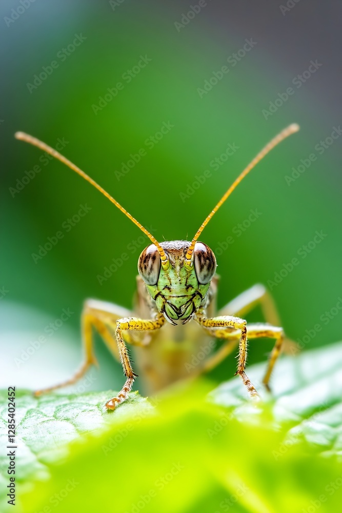 Fototapeta premium Close Up of Grasshopper with Intricate Details and Vivid Colors Against Lush Green Background : Generative AI
