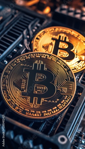 Close-up of gold-colored cryptocurrency coins on dark metallic surface.