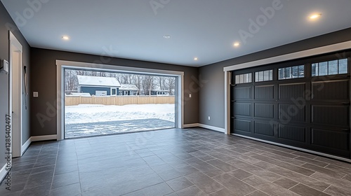 Modern garage interior, open door, snowy backyard view, winter real estate