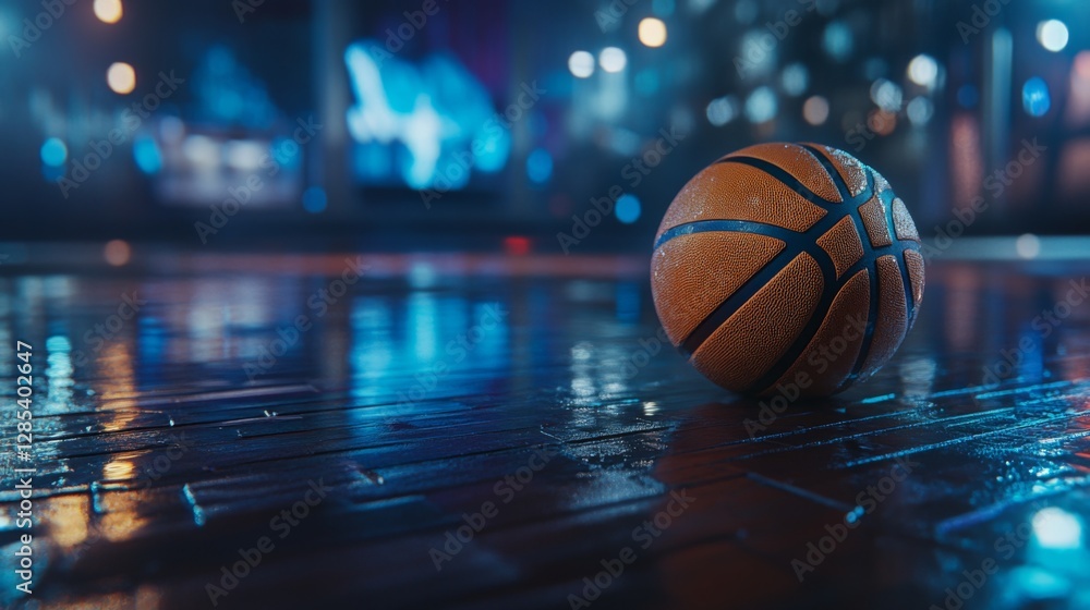 A close-up of a basketball resting on a wooden court, with bright lights reflecting off its textured surface and the polished floor in the background A close-up of a basketball resting on a wooden court, with bright lights reflecting off its textured surface and the polished floor in the background