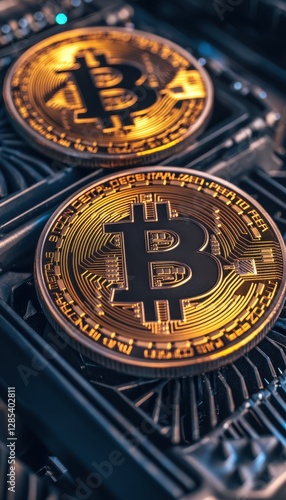 Close-up of gold-colored cryptocurrency coins on a dark metallic surface.  The intricate details of the coins are sharply in focus.