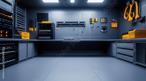  high-tech workroom filled with engineering tools, circuit boards