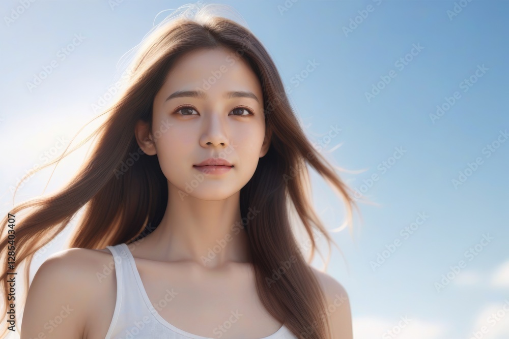 Fototapeta premium A woman with long brown hair and a white tank top