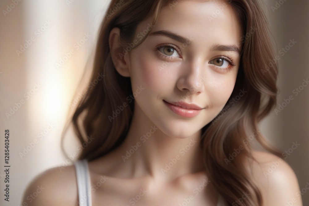 A woman with long brown hair and a white tank top A woman with long brown hair and a white tank top