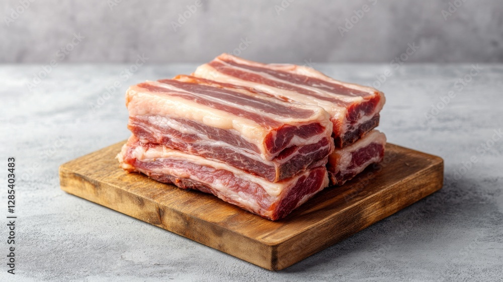 A close-up of raw pork belly with distinct layers of fat and meat, placed on a clean cutting board, ready for preparation, with a minimalist background A close-up of raw pork belly with distinct layers of fat and meat, placed on a clean cutting board, ready for preparation, with a minimalist background
