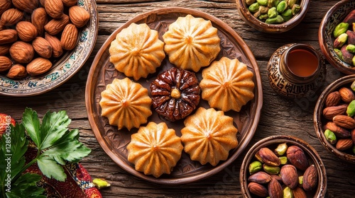 Wallpaper Mural Delicious Azerbaijani Pastries and Nuts on Rustic Wooden Table Setting Torontodigital.ca