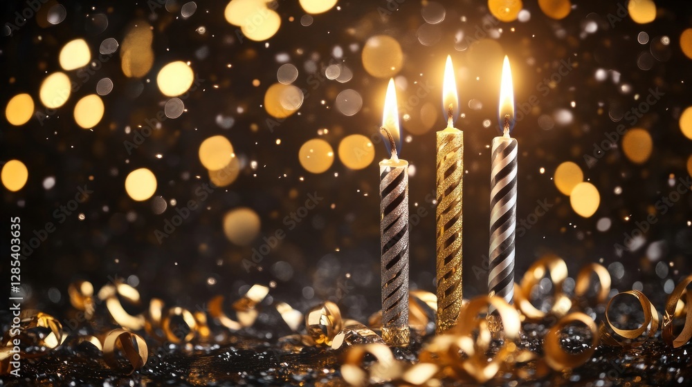 Three Elegant Candles Glowing Amidst Golden Confetti at a Festive Evening Three Elegant Candles Glowing Amidst Golden Confetti at a Festive Evening