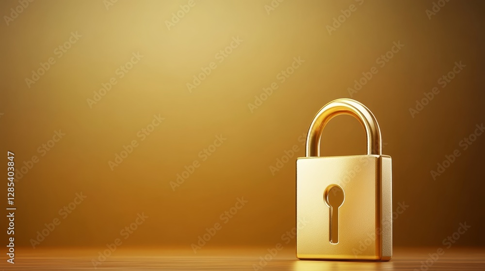 Fototapeta premium Golden padlock on rustic wooden table symbol of security and protection