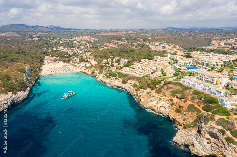 A panoramic view of Cala Romantica beach on Mallorca island in Spain A panoramic view of Cala Romantica beach on Mallorca island in Spain