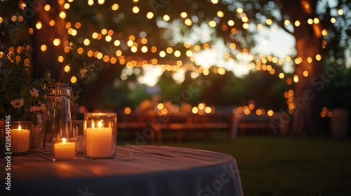 Enchanted Evening: A magical outdoor scene is illuminated by soft candlelight and twinkling fairy lights strung across the branches of a large tree, creating an inviting atmosphere for a gathering. 