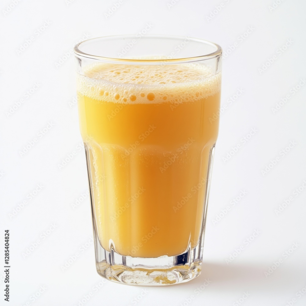 Freshly Squeezed Orange Juice in a Glass, Healthy Breakfast Drink on a White Background, Vitamins and Nutrients. Freshly Squeezed Orange Juice in a Glass, Healthy Breakfast Drink on a White Background, Vitamins and Nutrients.