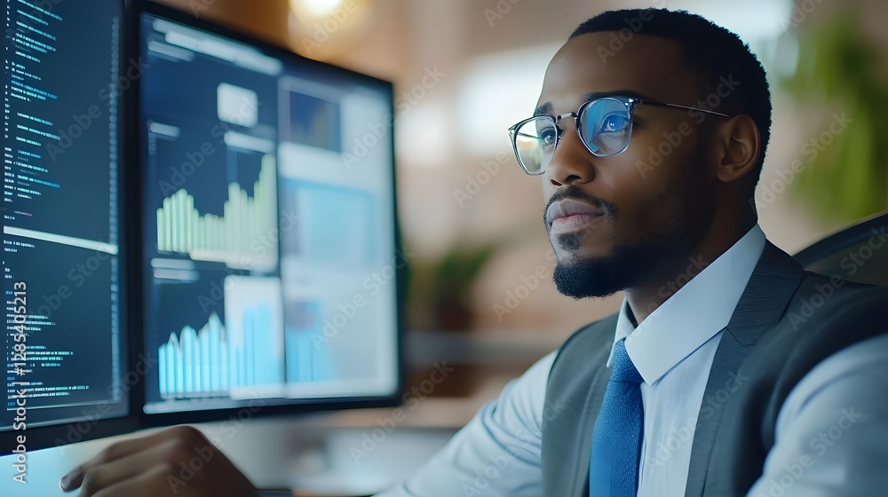 Professional man analyzing data on computer screens in a modern office environment with greenery Professional man analyzing data on computer screens in a modern office environment with greenery