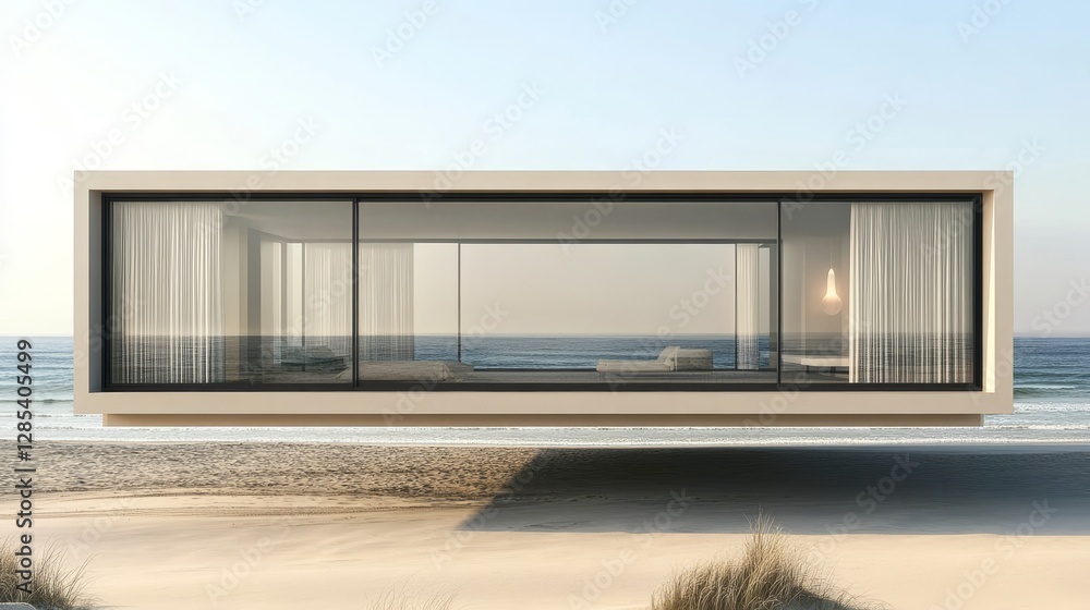 Fototapeta premium Modern Beachfront House With Glass Walls Overlooking the Ocean During Sunset, Showcasing Contemporary Architecture and Serene Surroundings