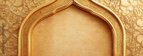 Golden arch with intricate design against patterned golden backdrop