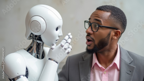 Close Encounter Between a Surprised Man and a Friendly Robot in a Modern Office Setting, Showcasing Human-Robot Interaction and Technology Integration