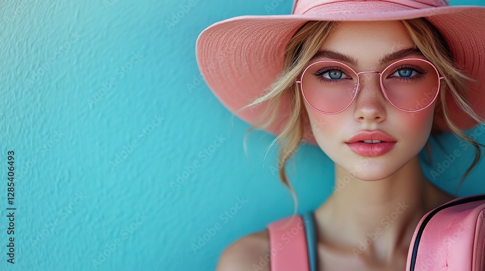 A stylish woman with pink sunglasses and luggage is ready for a fashionable adventure A stylish woman with pink sunglasses and luggage is ready for a fashionable adventure