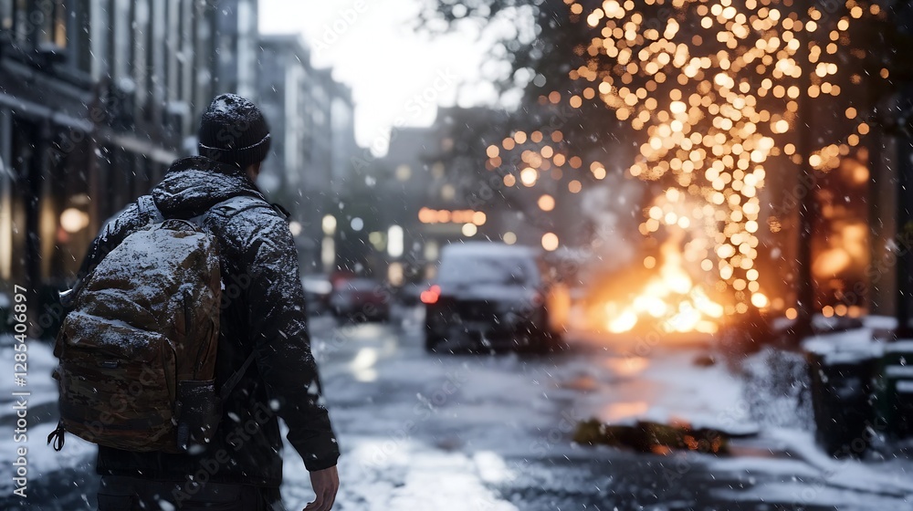 Winter Cityscape with a Man Facing Distant Flames Amidst Snow and Holiday Lights : Generative AI Winter Cityscape with a Man Facing Distant Flames Amidst Snow and Holiday Lights : Generative AI