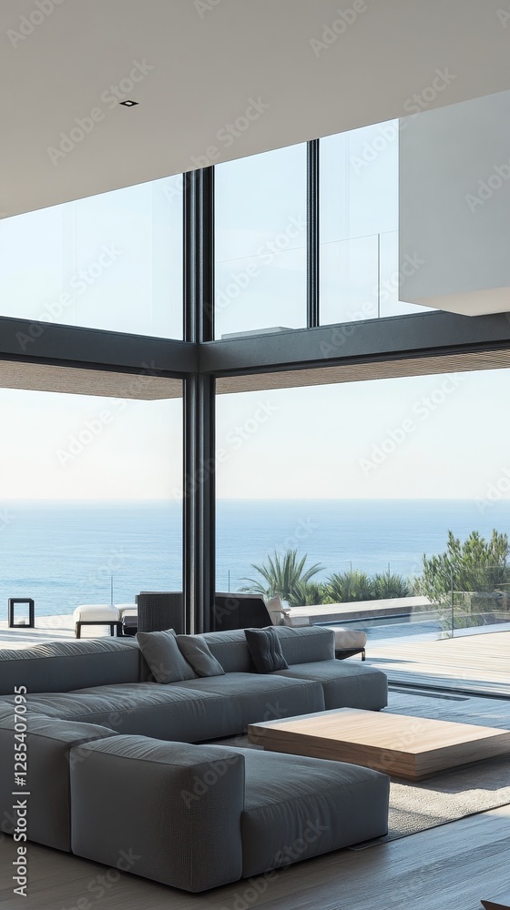 Fototapeta premium Modern Coastal Living Room With Panoramic Views of the Ocean During Daytime