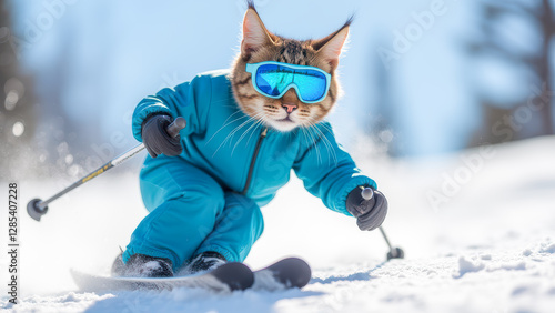 Fototapeta Naklejka Na Ścianę i Meble -  A Playful Cat in Ski Gear Speeding Down a Snowy Slope in Bright Blue Outfit and Stylish Goggles, Enjoying a Fun Day on the Slopes