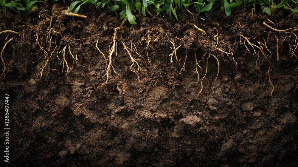 Fototapeta premium Close-up view of soil cross-section revealing intricate root systems and earth's composition.
