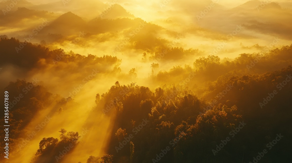 Naklejka premium Aerial top view of a Thai mountain rainforest at dawn, with misty valleys and golden sunlight illuminating the treetops.