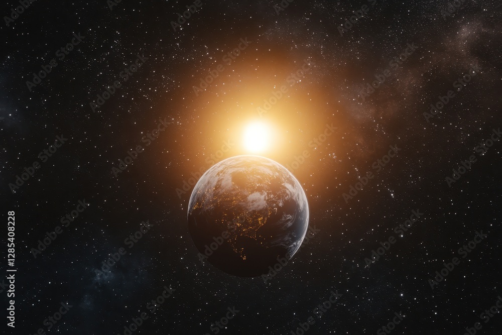 Fototapeta premium Sunrise over Earth viewed from space reveals the beauty of our planet's atmosphere, The sun rising behind the Earth as viewed from space (Some elements furnished )