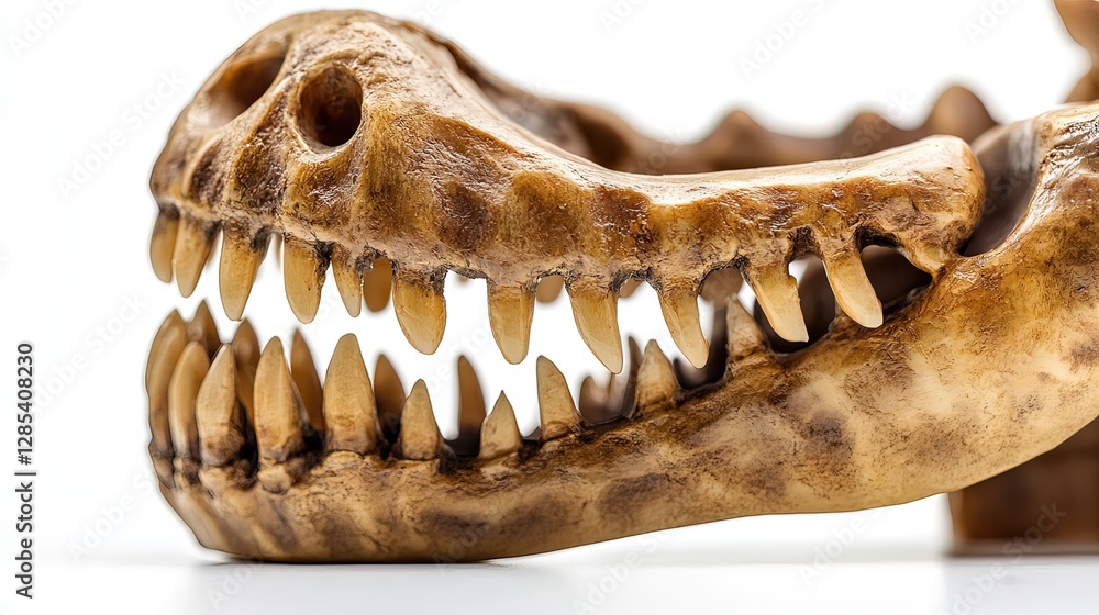 Naklejka premium Close-up of a T-Rex figurine's jaw and teeth, showcasing prehistoric predator's fierce anatomy. 