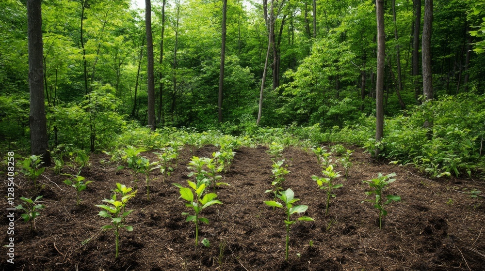 A lush forest clearing with freshly planted saplings surrounded by older trees, showcasing the progress of reforestation in a natural environment A lush forest clearing with freshly planted saplings surrounded by older trees, showcasing the progress of reforestation in a natural environment