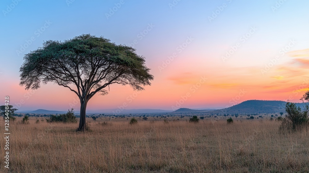 An acacia tree standing solitary against the fiery hues of an African sunrise in the Serengeti National Park. An acacia tree standing solitary against the fiery hues of an African sunrise in the Serengeti National Park.