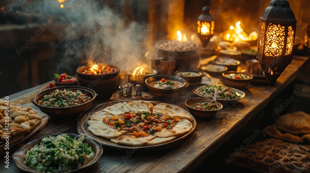 A wooden table filled with traditional Ramadan dishes, steaming bowls of soup, salads, and flatbreads, illuminated by lanterns A wooden table filled with traditional Ramadan dishes, steaming bowls of soup, salads, and flatbreads, illuminated by lanterns