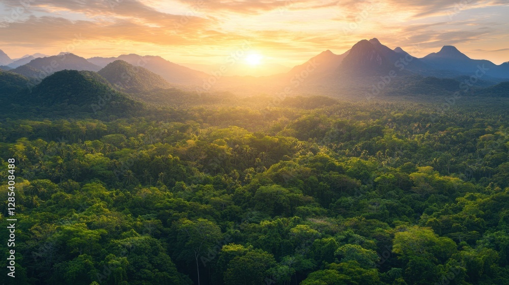Obraz premium An aerial panorama of a lush forest leading to rugged mountains, with a radiant sunrise painting the sky in warm tones.