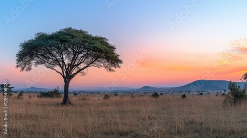 An acacia tree standing solitary against the fiery hues of an African sunrise in the Serengeti National Park.