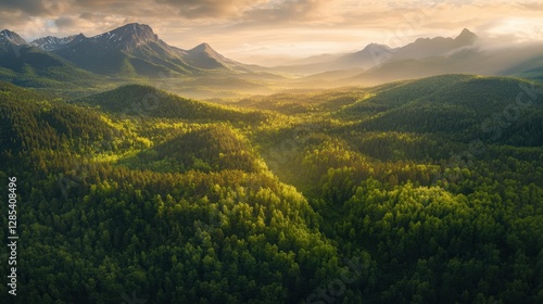 An aerial panorama of a lush forest leading to rugged mountains, with a radiant sunrise painting the sky in warm tones.