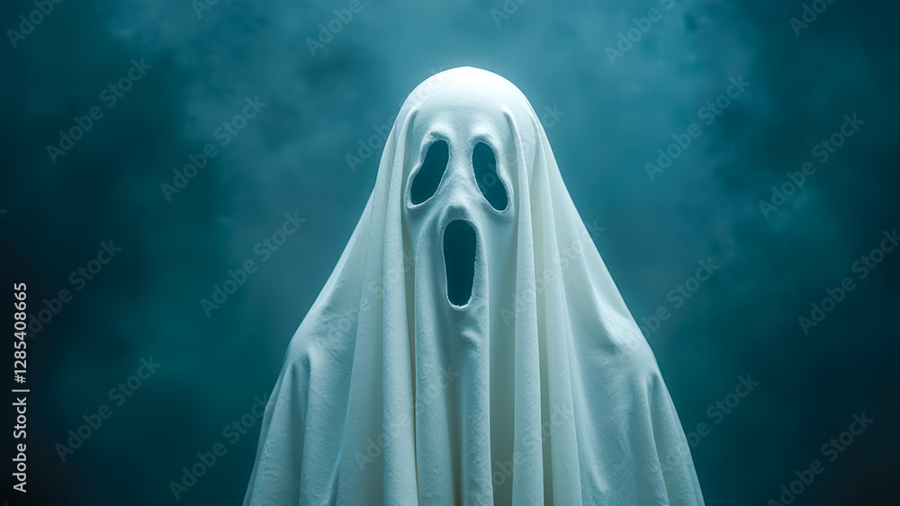 Eerie Ghost Figure Emerging From Fog With Dramatic Expression in Haunting Atmosphere, Perfect for Halloween and Horror Themes Eerie Ghost Figure Emerging From Fog With Dramatic Expression in Haunting Atmosphere, Perfect for Halloween and Horror Themes